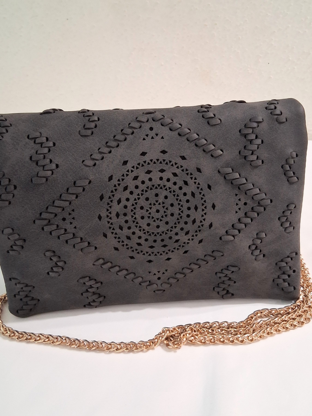 Free People Gray Suede Shoulder Clutch with Gold Chain